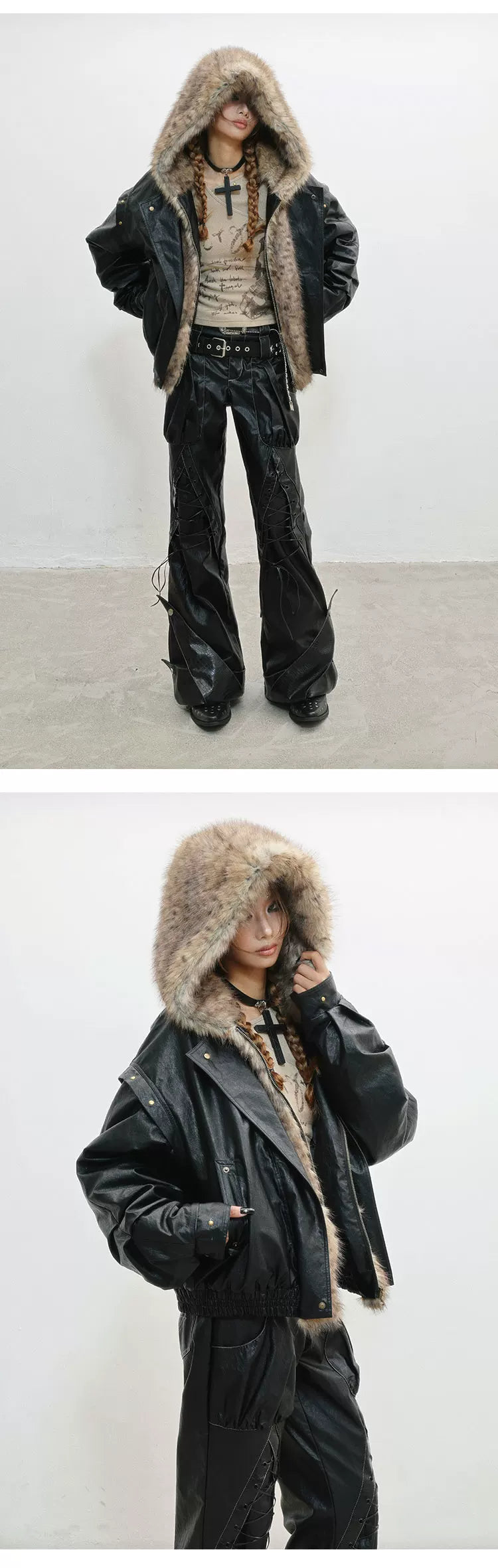 Fur Patchwork Thick PU Leather Jacket