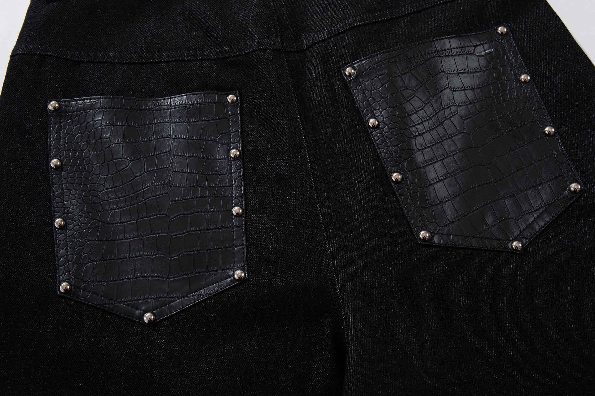 Studs PU Leather Panel Wide Leg Denim Jeans