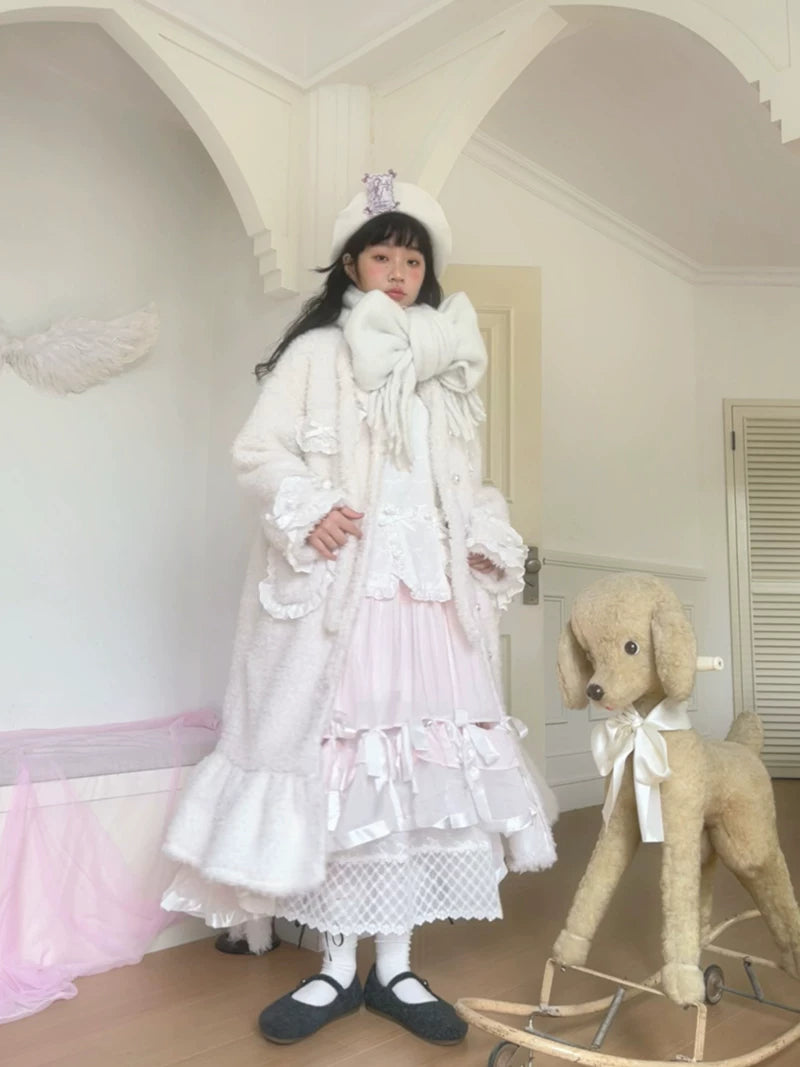 Plush Bow Ruffle Long Coat