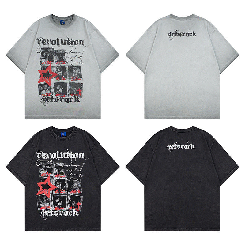Washed Portrait Letter Print Short Sleeve T-Shirt