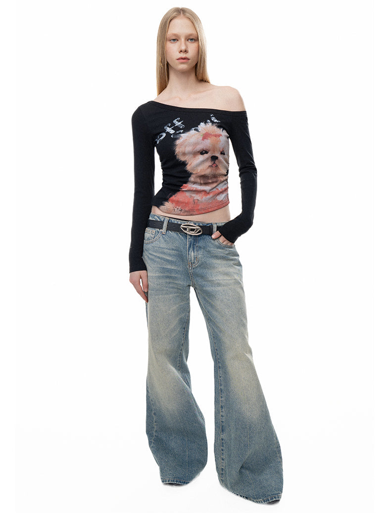 Hand-Painted Puppy Slanted Shoulder Top