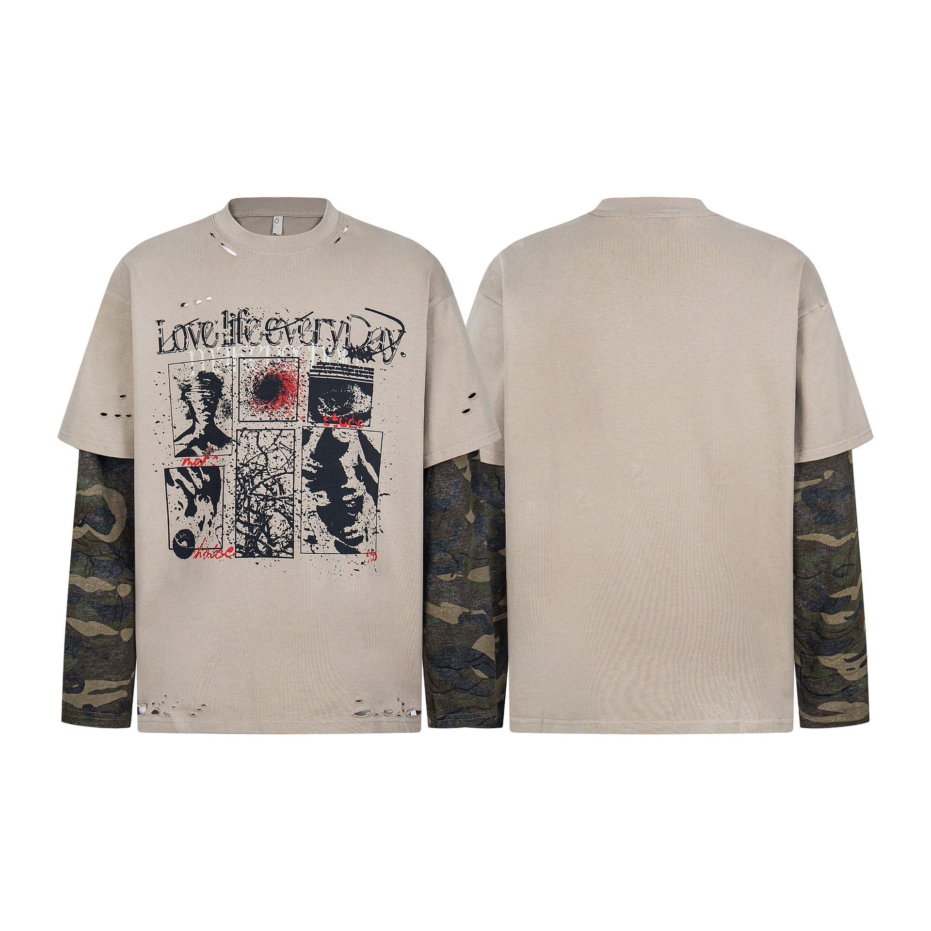 Fake Layered Camo Damage Print Long Sleeve T-Shirt