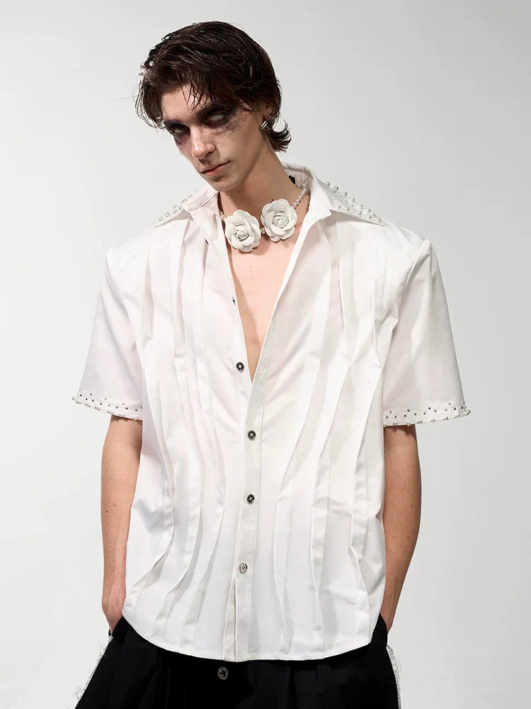Rhinestone Pearl Pleats Short Sleeve Shirt