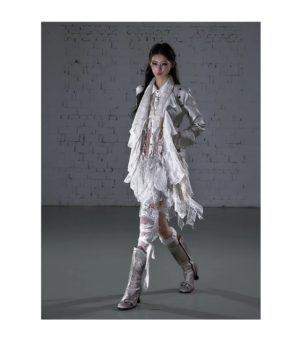 Ruffle Tie-Neck Slim Fit Long Sleeve Shirt