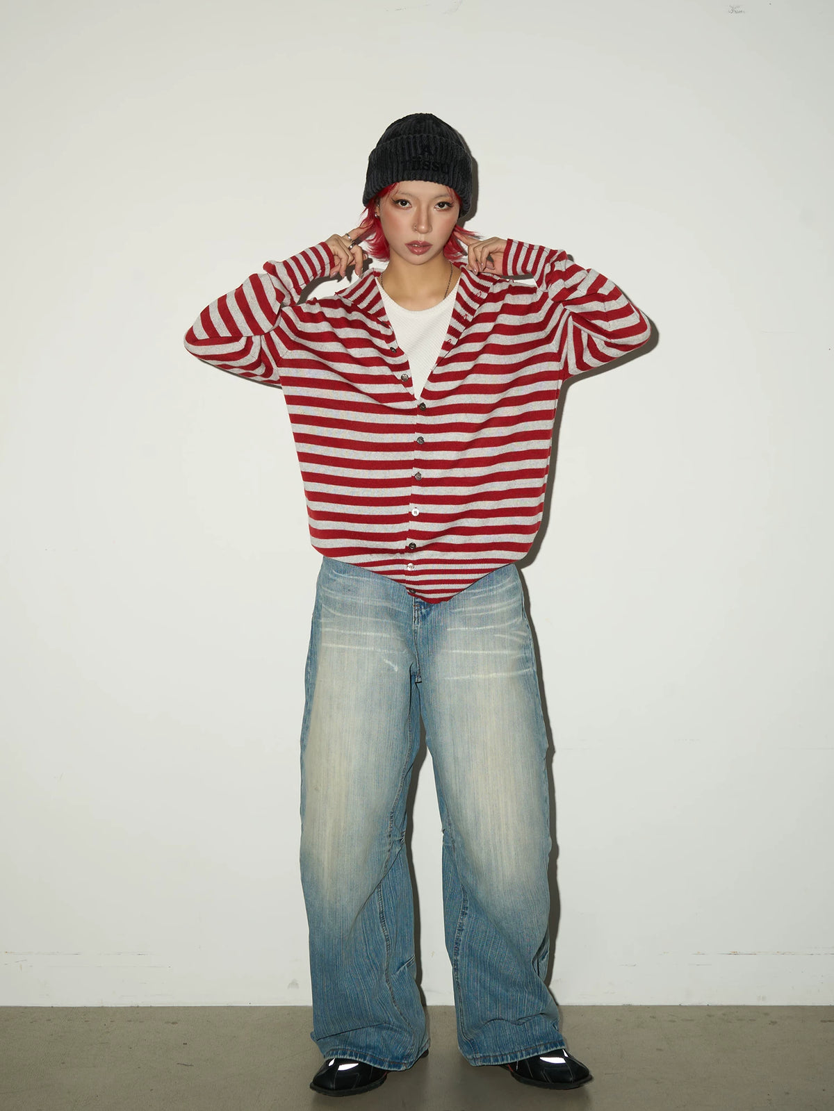 Contrast Stripe Wool Knit High-Neck Cardigan