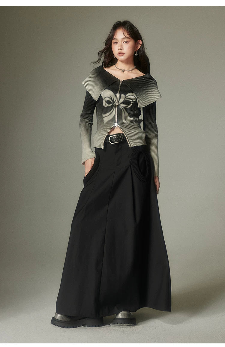 Bow Gradient Print Zipper Knit Sweater