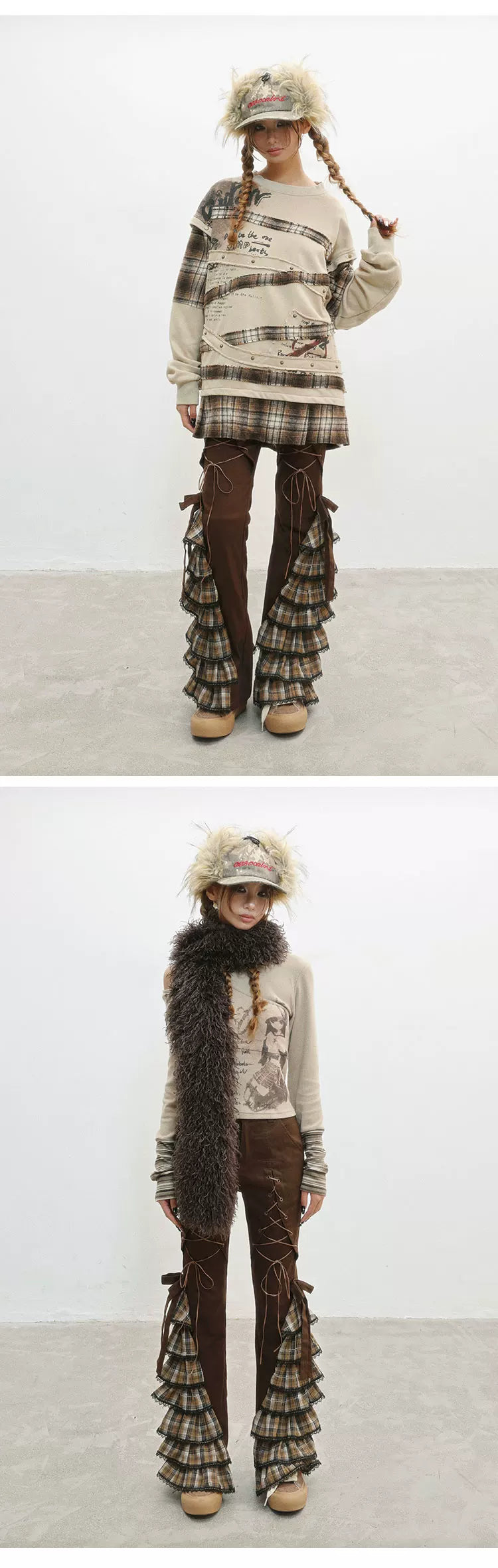 Plaid Lace-Up Ruffle Slimming Pants