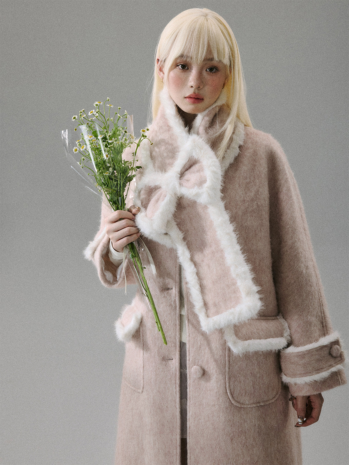 Cherry Blossom Tweed Water Ripple Bow Detachable Scarf Coat