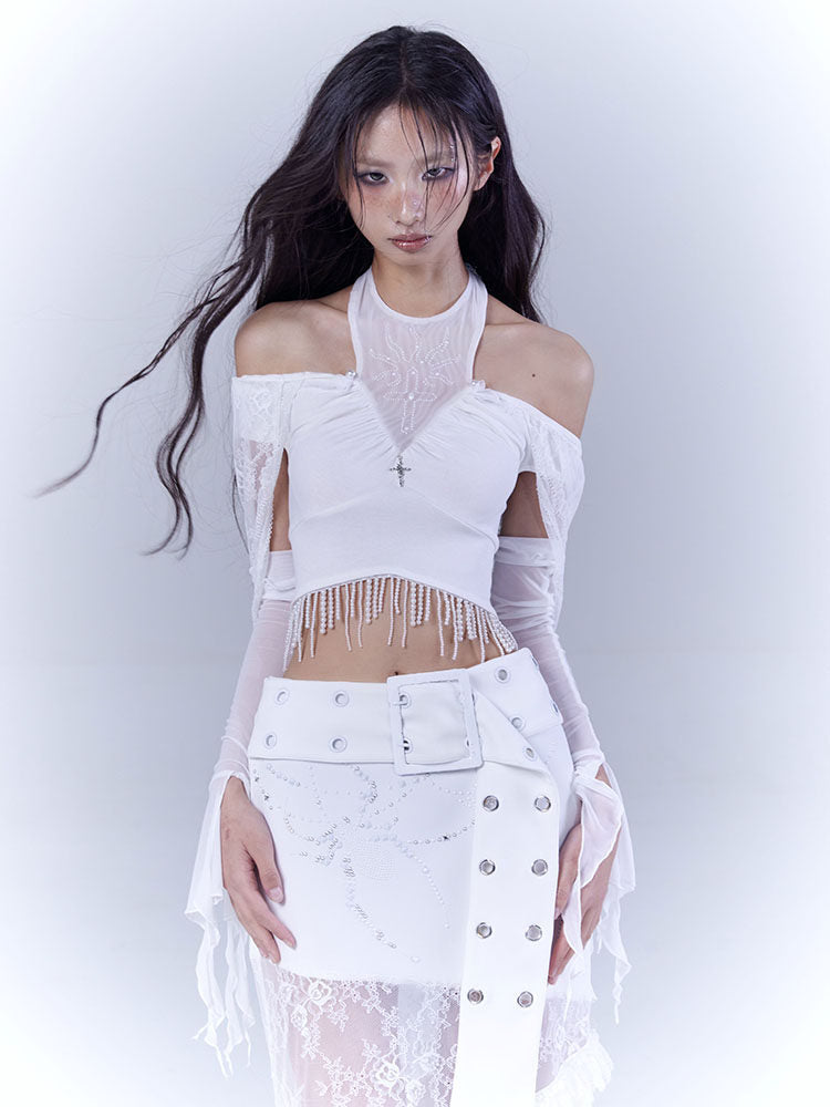 Off Shoulder Lace Pullover Hoodie & Arm Cover Set