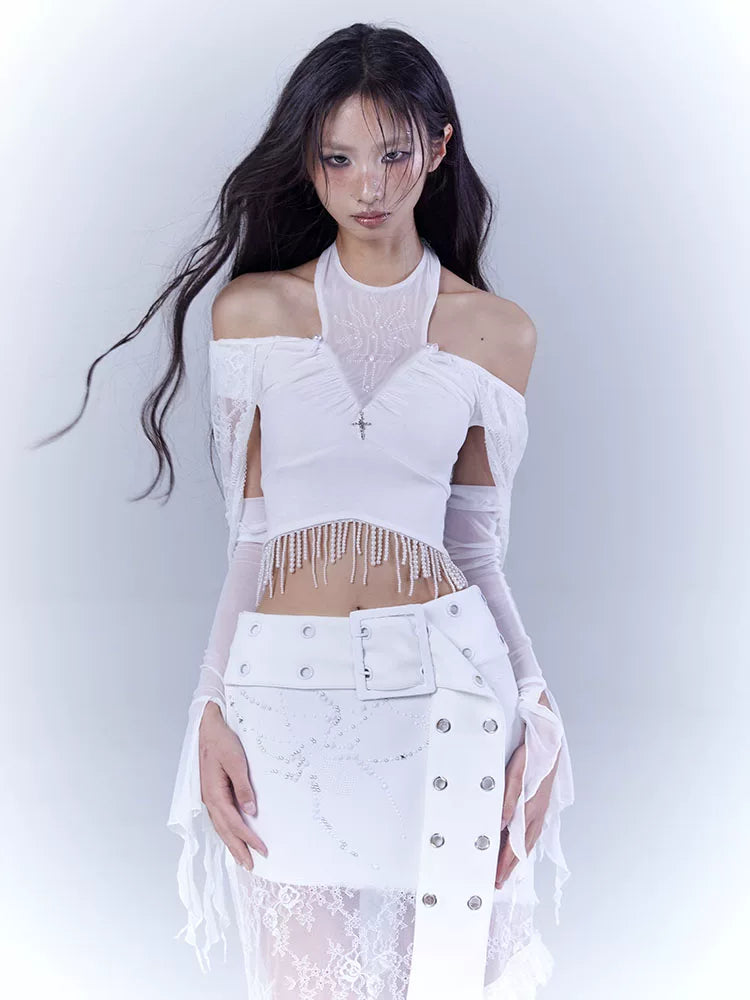 Off Shoulder Lace Pullover Hoodie & Arm Cover Set