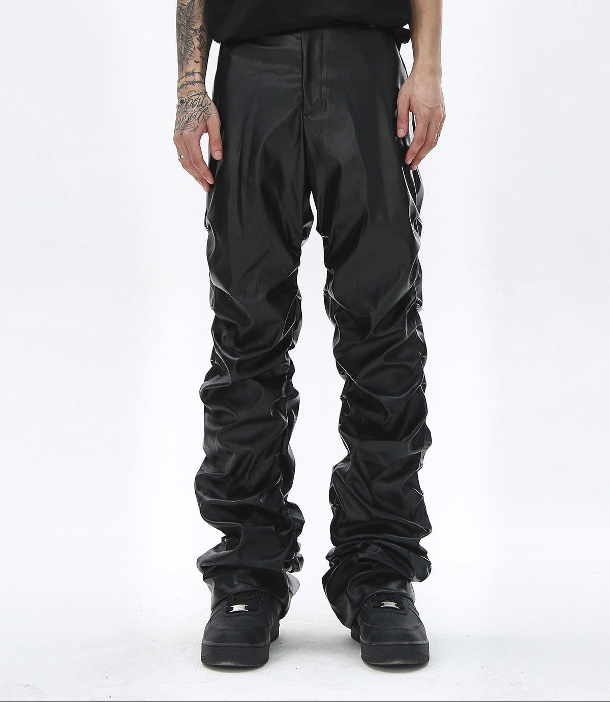 PU Leather Pleats Straight Pants