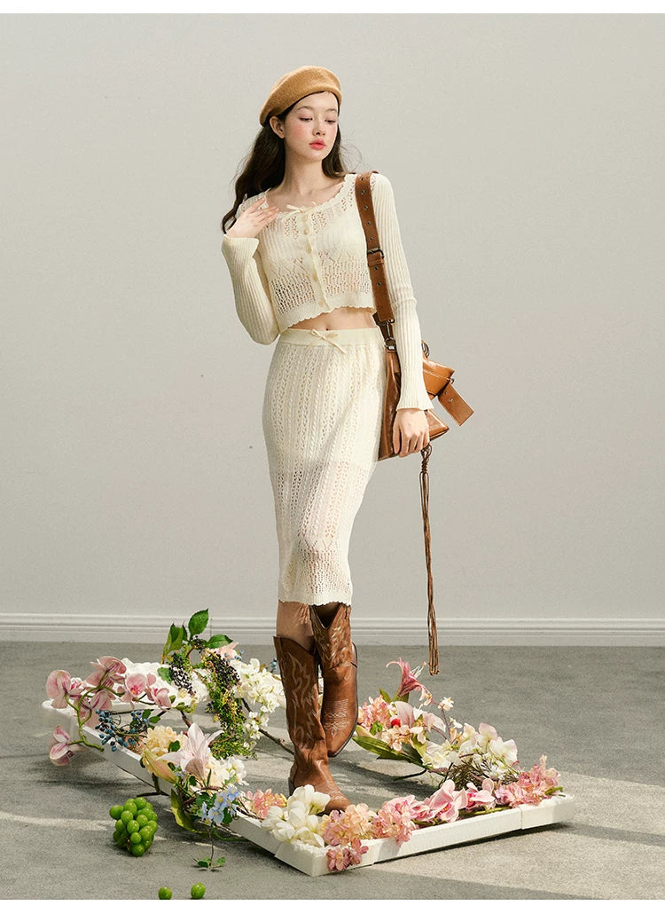 Hollow Out Button Knit Cardigan & Half Skirt Setup