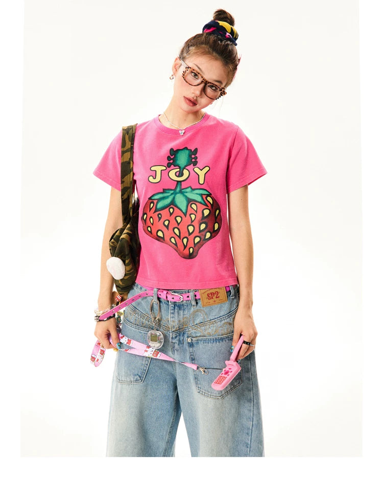 Strawberry Print Cropped Short Sleeve T-Shirt