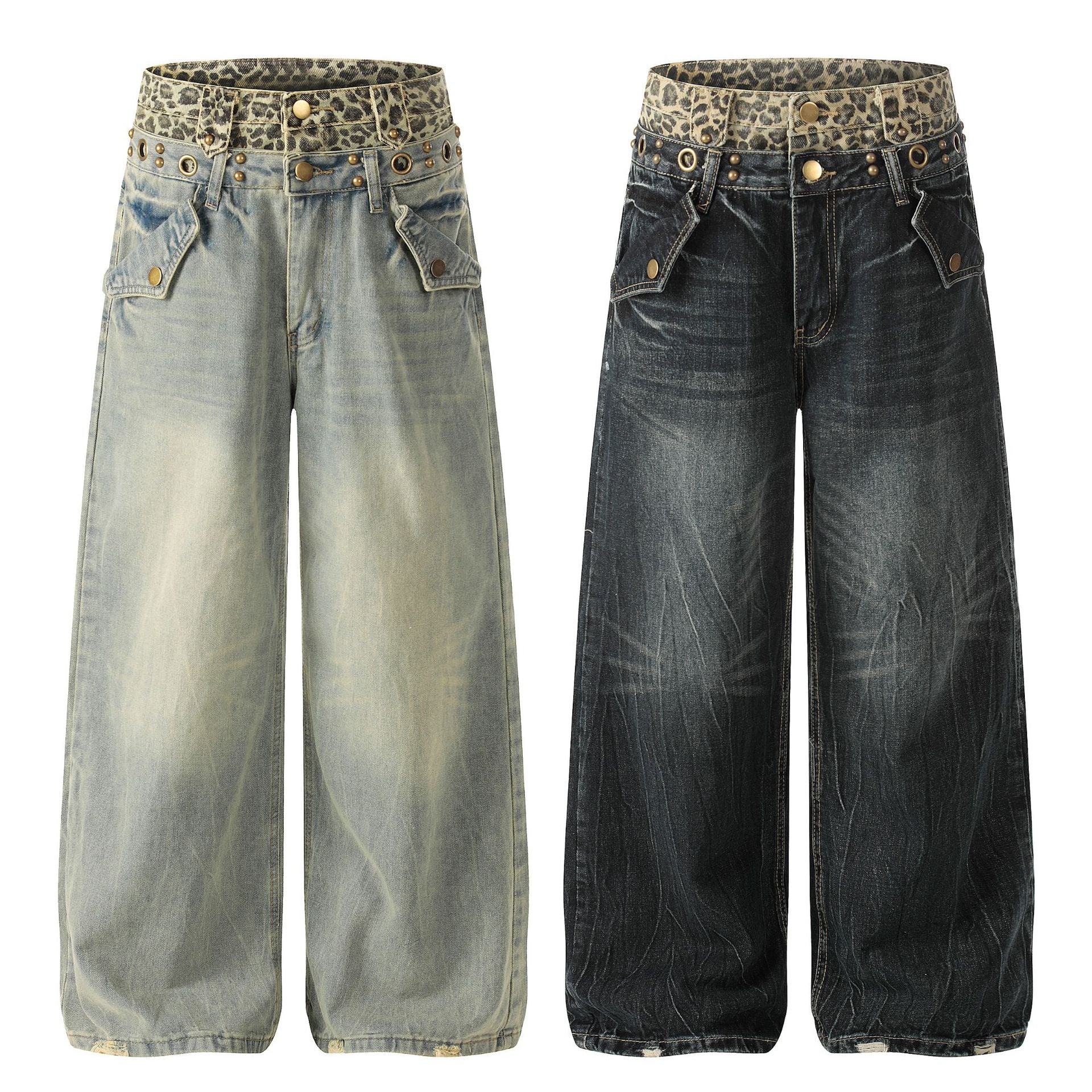 Leopard Waistband Washed Whisker Wide Leg Denim Jeans