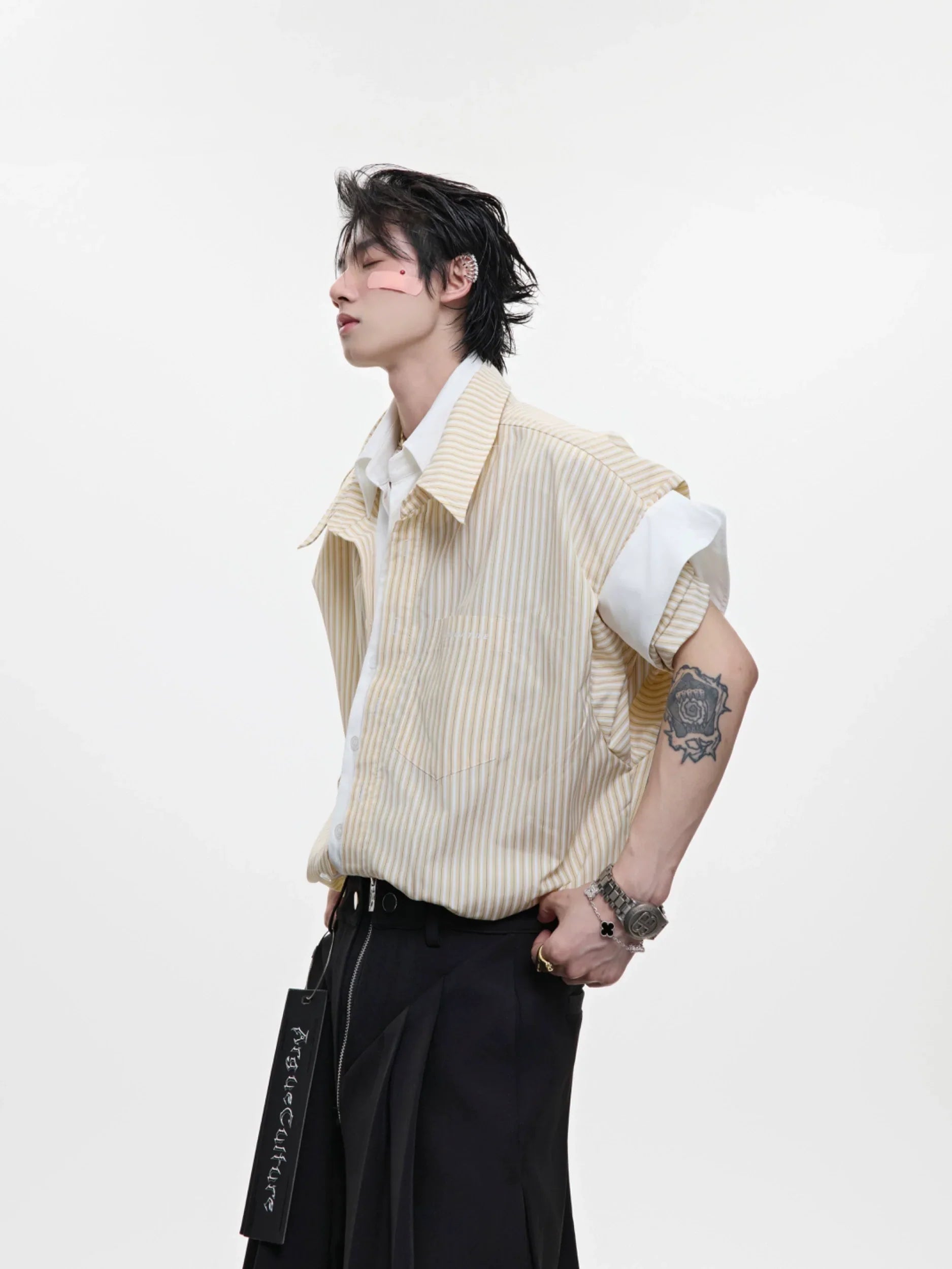 Stripe Fake Layered Short Sleeve Shirt