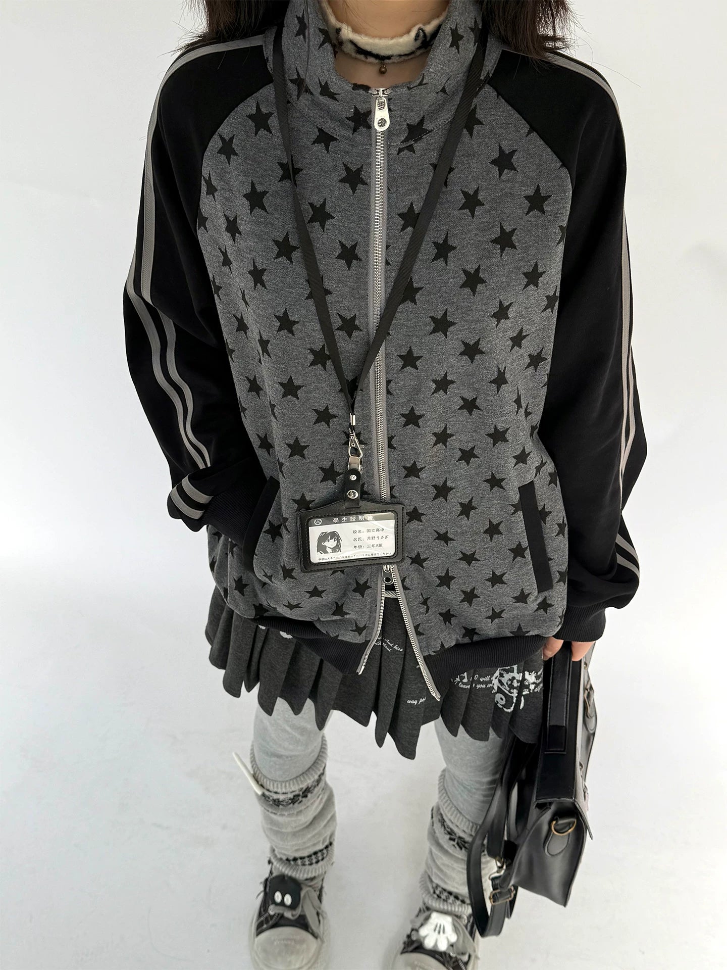 Star Print Double Zipper High-Neck Oversize Cardigan