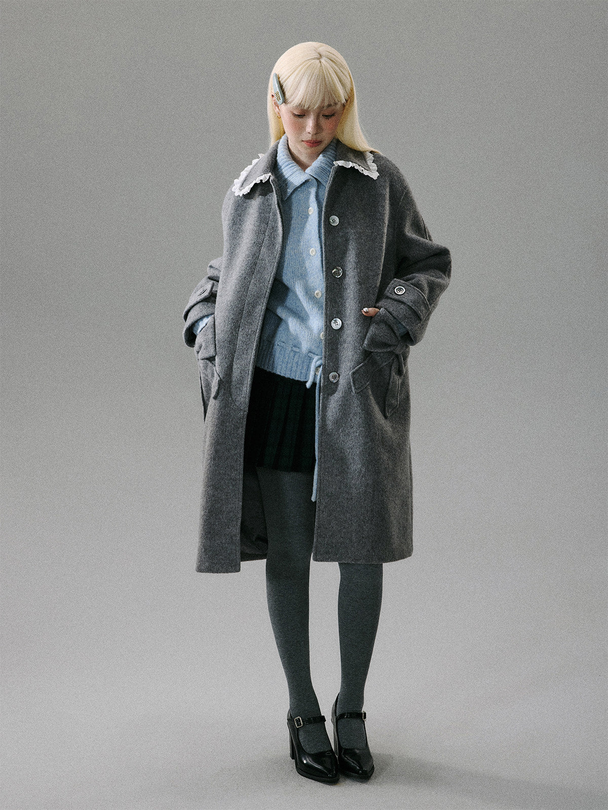 Lace Collar And Ribbon-Detail Coat