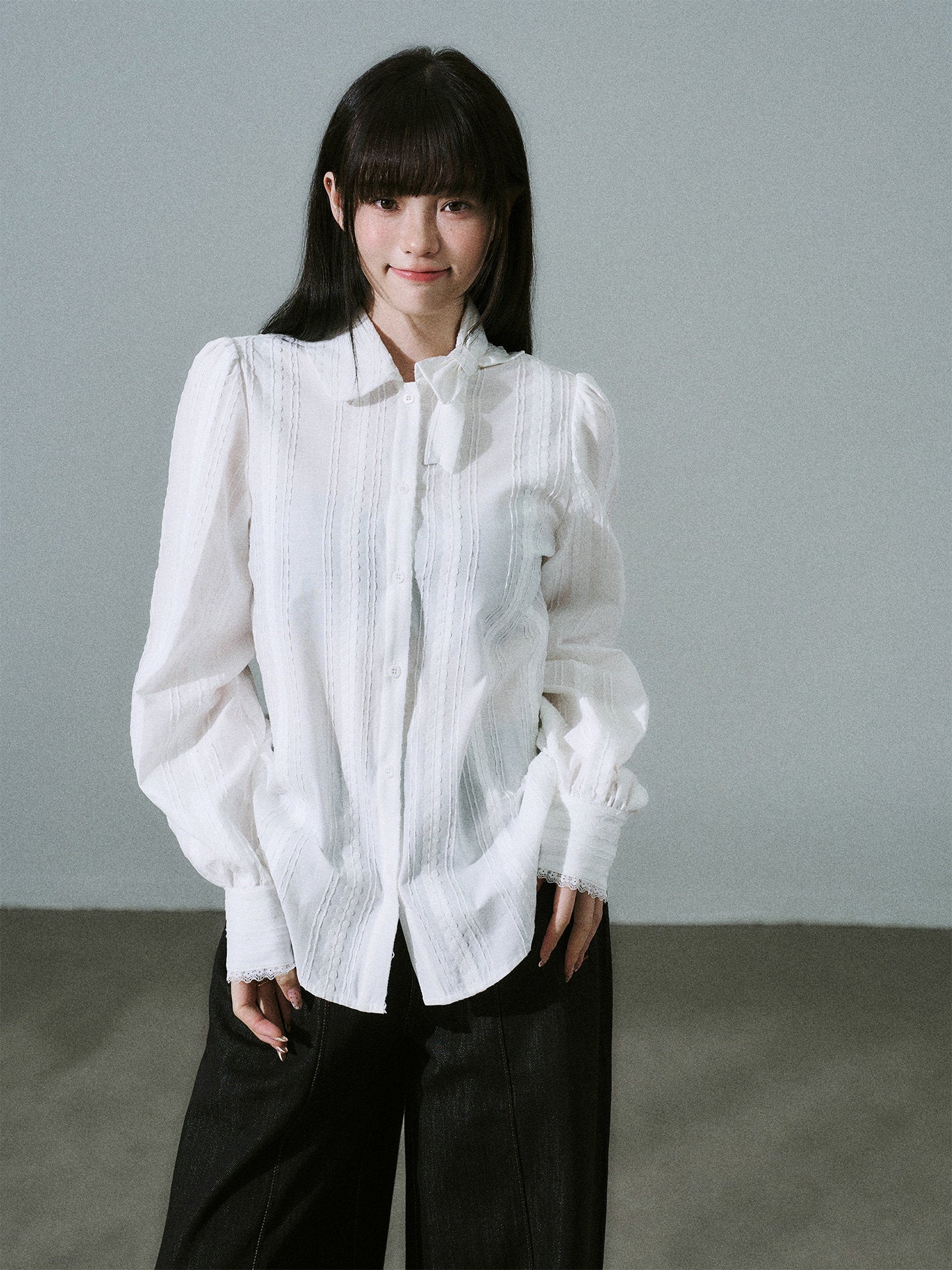 Bow Tie Collar Pleats Detail Blouse