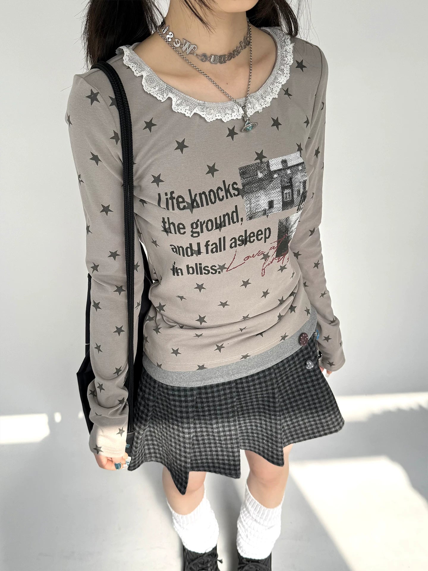 Star Print Lace Trim Fitted Long Sleeve T-Shirt