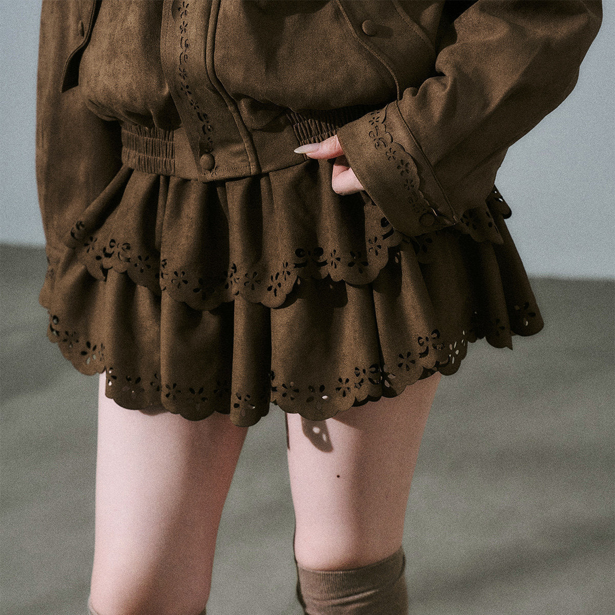 Suede Zipper Jacket & Scalloped Skirt Setup