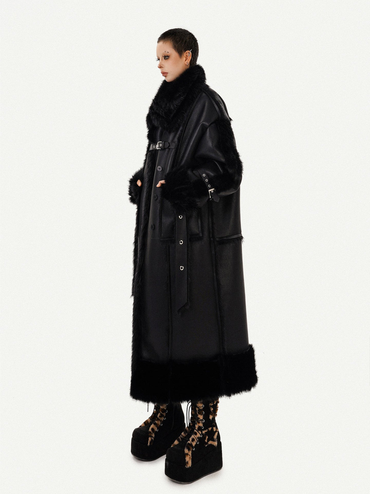 PU Leather Fake Fur Stand Neck Coat