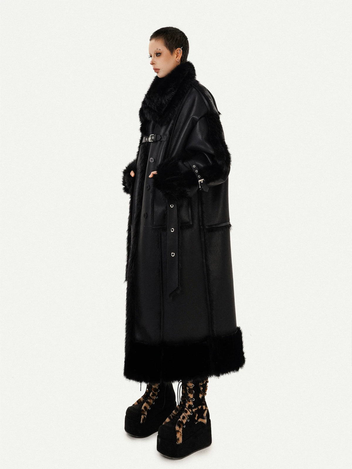PU Leather Fake Fur Stand Neck Coat
