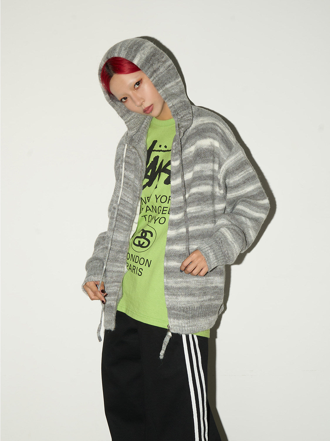 Stripe Hooded Zipper Knit Cardigan