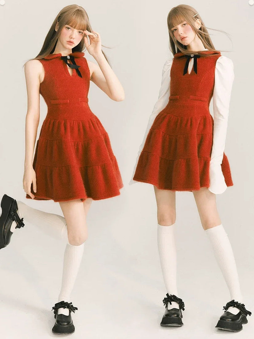 Bow Velvet Ruffle Short Length Dress
