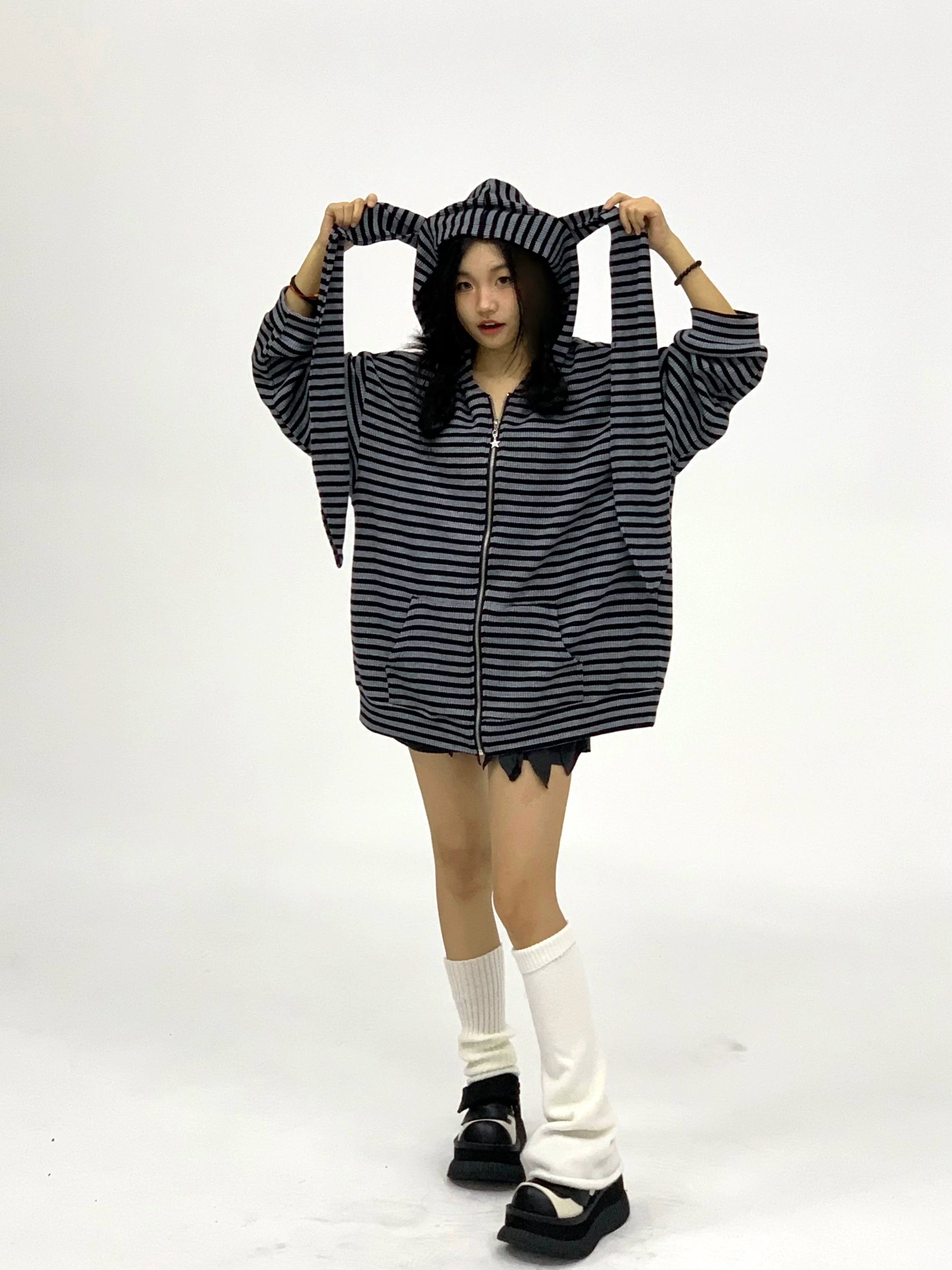 Striped Rabbit Ear Oversize Zipper Jacket & Zipper Coat
