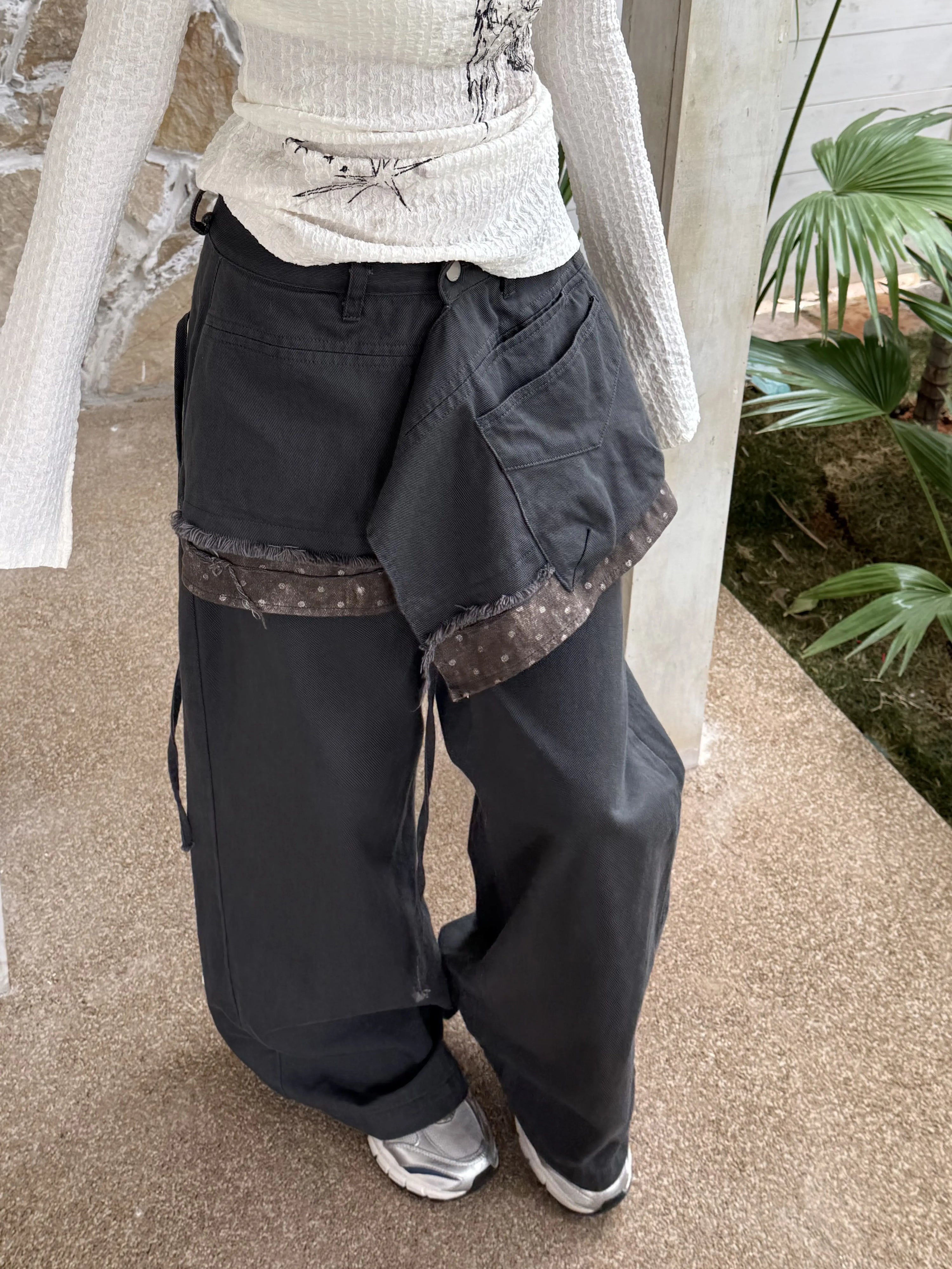 Deconstructed Patchwork Polka Dot Low Waist Wide Leg Denim Jeans