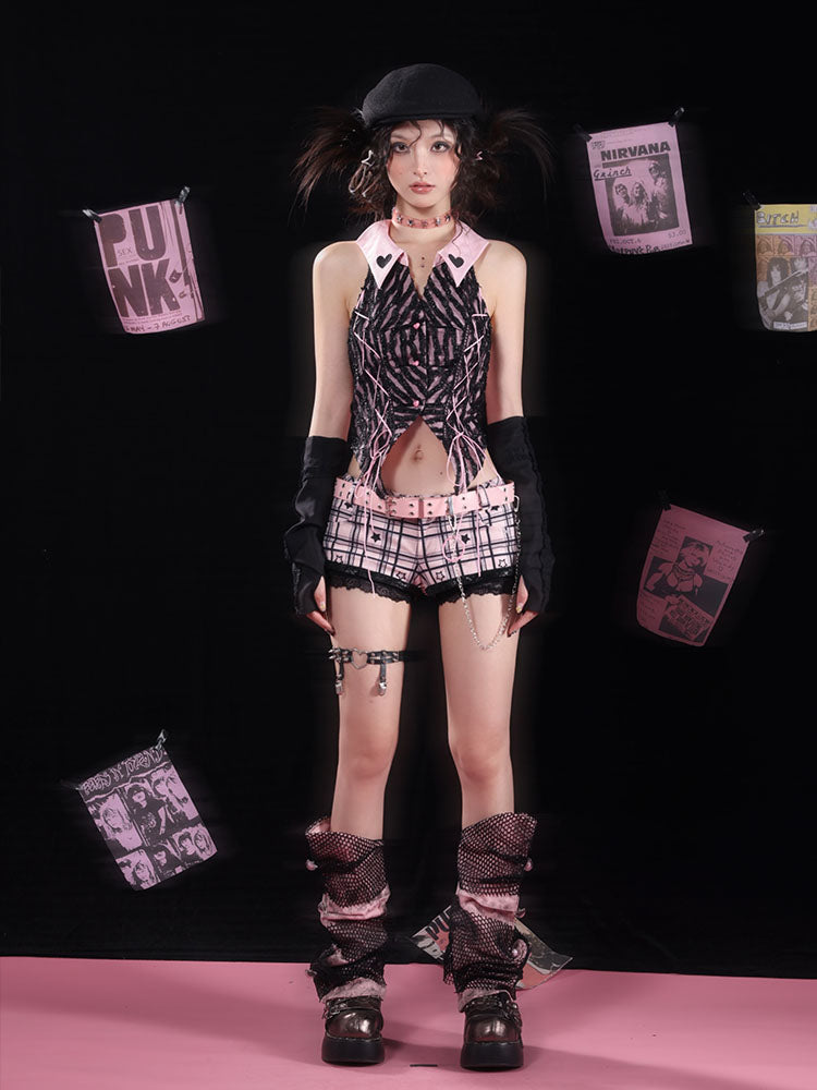 Black & Pink Star Plaid Ultra-Short Low-Rise Short Pants