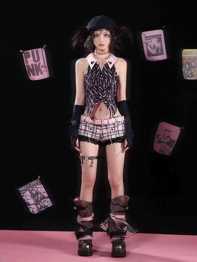 Black & Pink Star Plaid Ultra-Short Low-Rise Short Pants