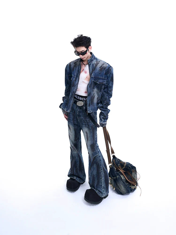 Wrinkles Sleeve Stand Neck Denim Jacket & Micro Flare Denim Jeans Setup