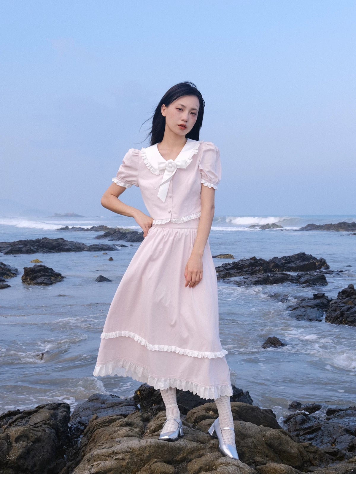 Lace Details Bow Blouse & Lace Trim Skirt Setup