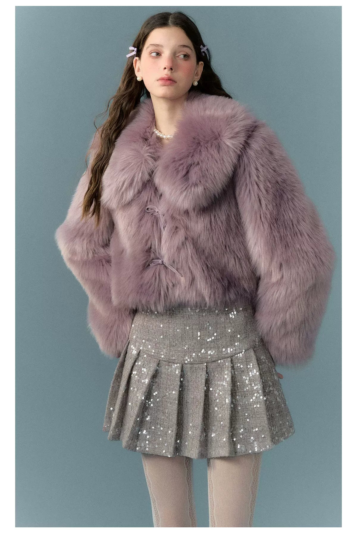 PU Leather Mix Bow Fur Jacket