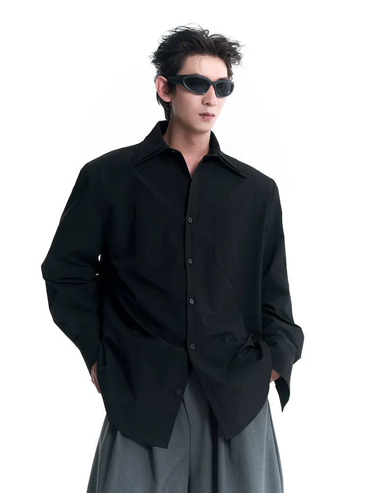 Double Pleated Collar Shoulder Pad Long Sleeve Shirt