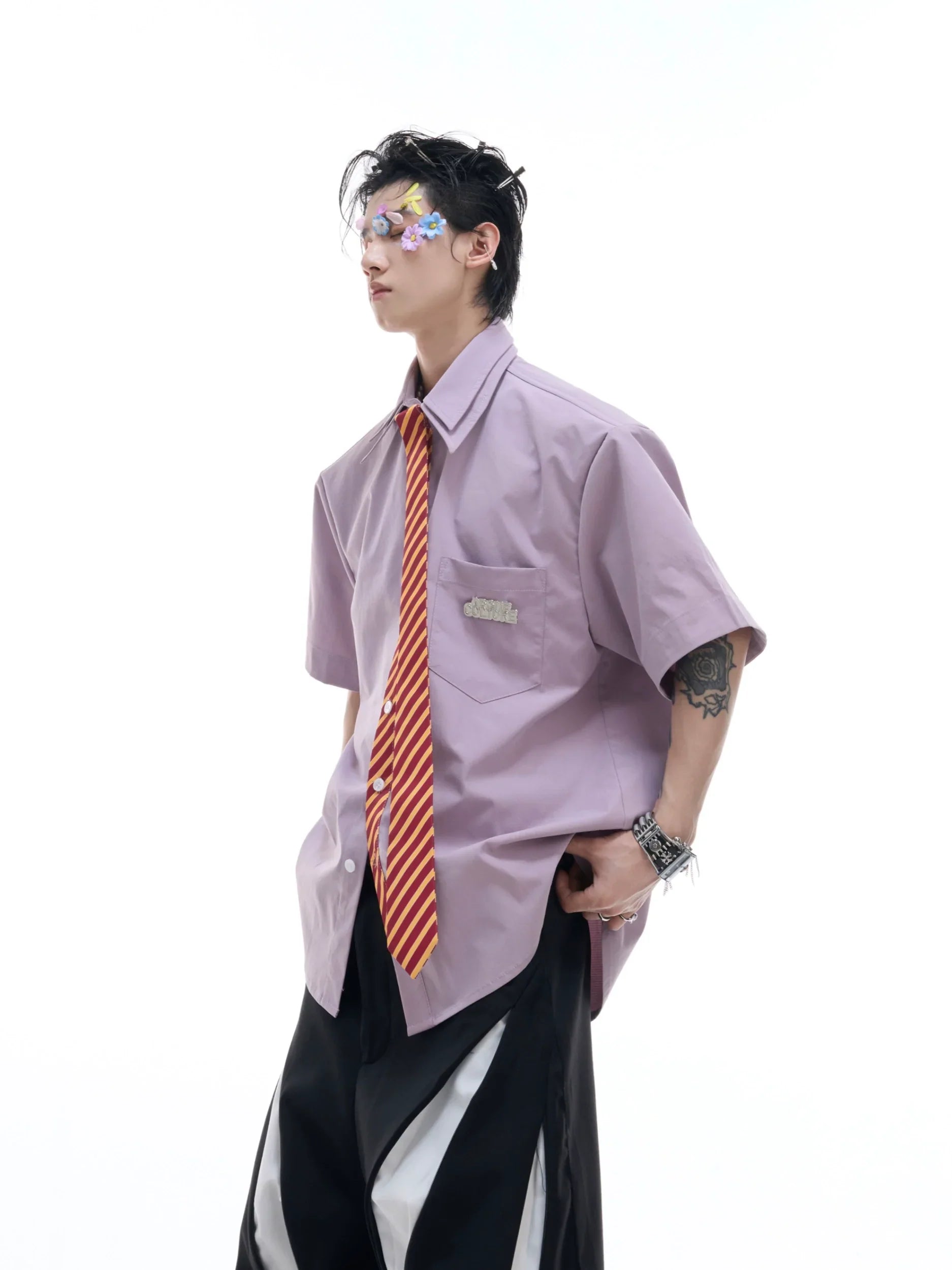 Double Collar Design Tie & Collared Short Sleeve Shirt