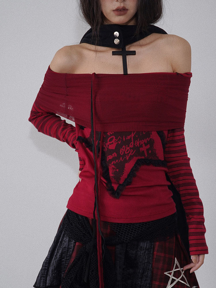Off-Shoulder Stripe Print Knit Sweater