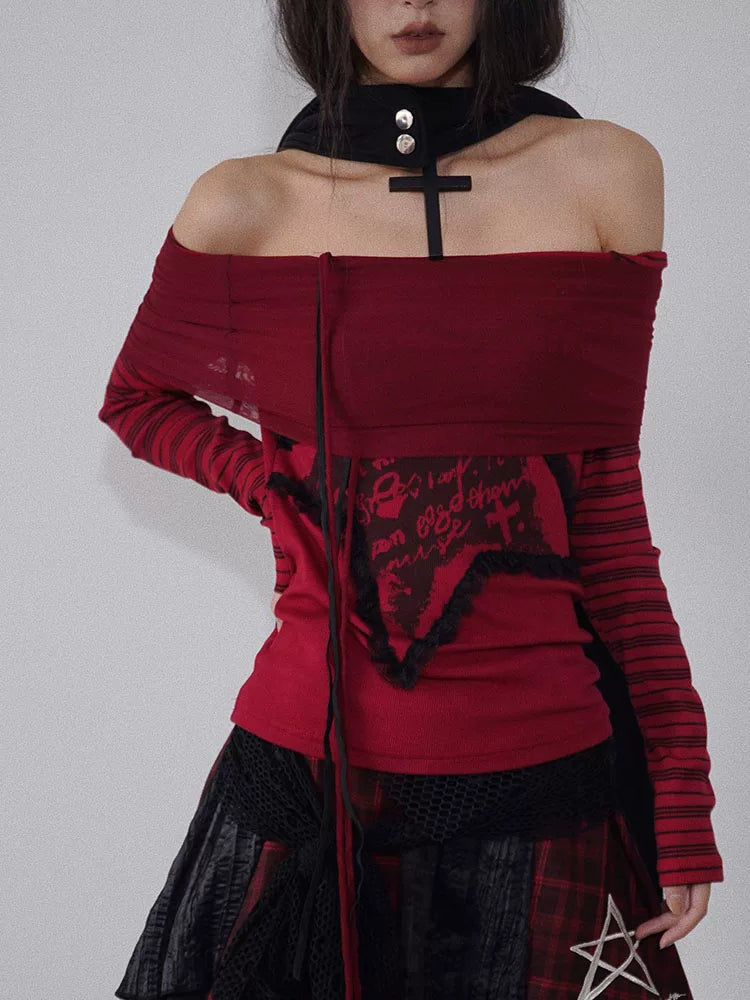 Off-Shoulder Stripe Print Knit Sweater