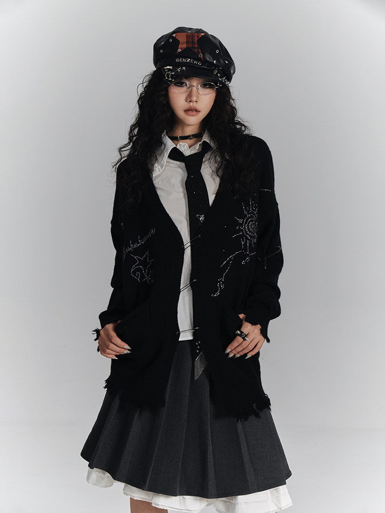 Safety Pin V-Neck Oversize Knit Cardigan