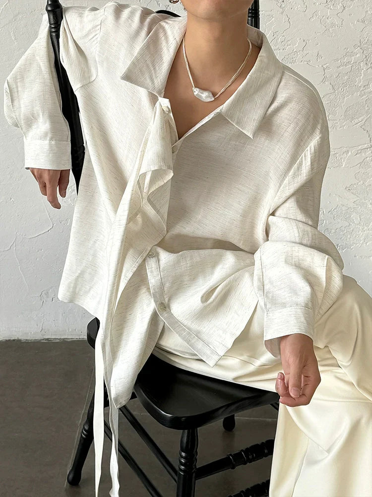Ribbon Design Linen Long Sleeve Shirt