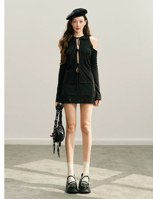 Ensemble veste ajourée et jupe courte à broderie rose