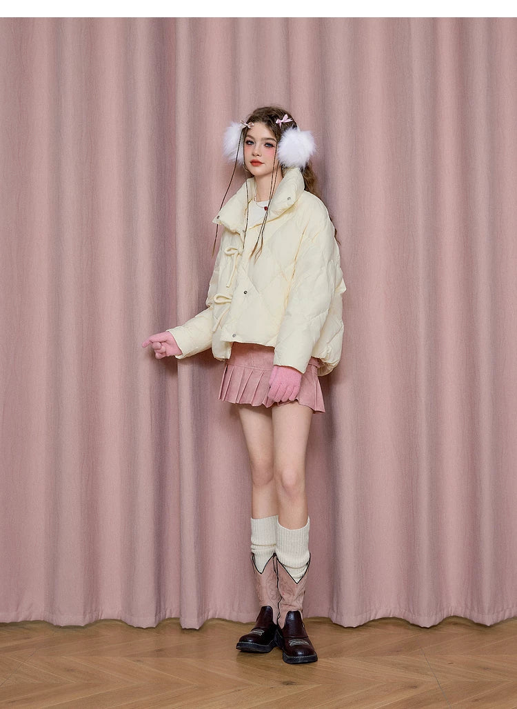 Bow Design Stand Neck White Duck Down Jacket
