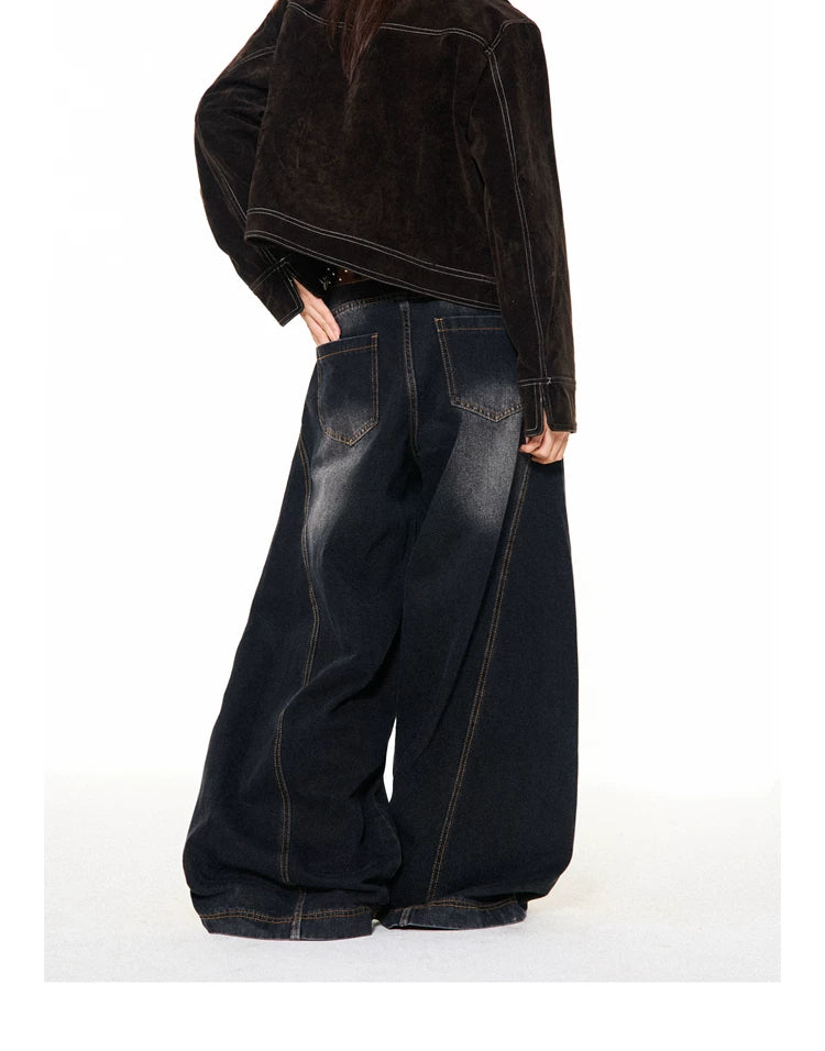 Washed Scratch Detail Wide Leg Denim Jeans