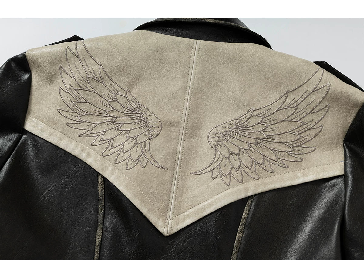 Standing-Collar Belt Detail Fake Fur Cuff PU Leather Jacket