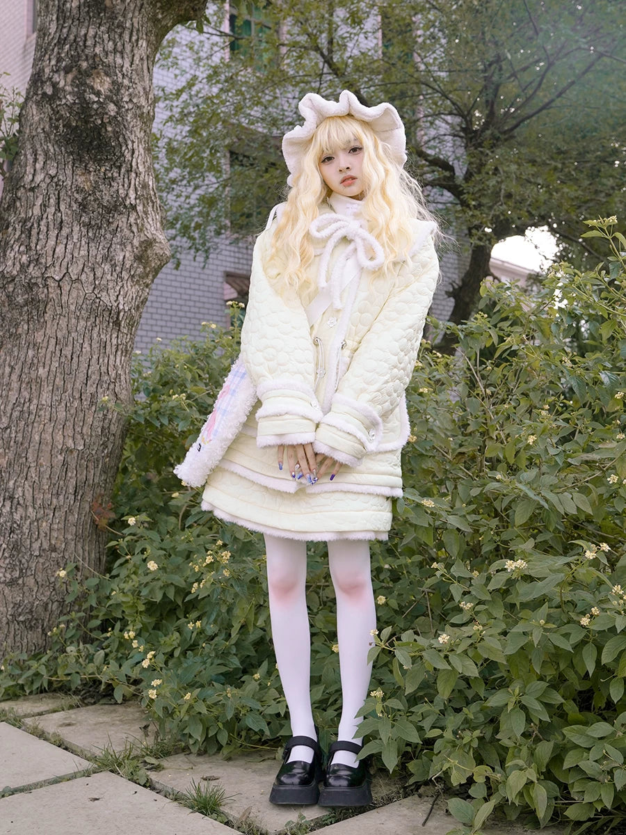 Flower Plush Bow Tie Puffer Jacket