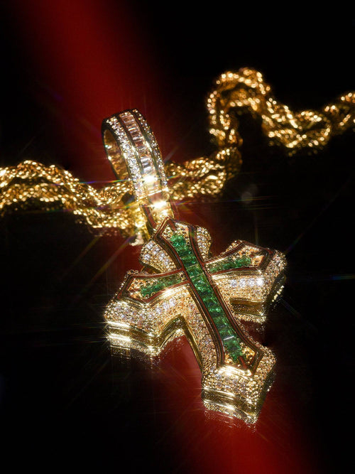 Vergulde kruisketting met groene zirkonia's - Goud / 60 cm / 23,6 inches