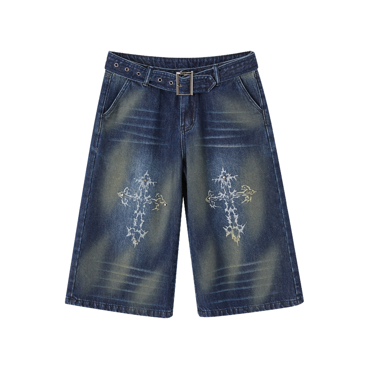 Washed Damage High-Waist Cropped Straight Denim Jeans