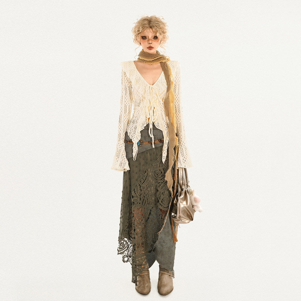 Original Design Heavy Craft Wasteland Knit Patchwork Lace Skirt