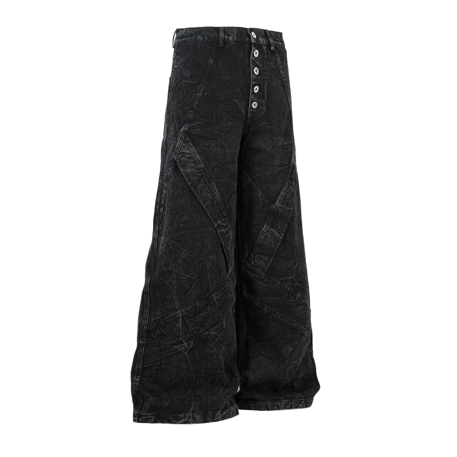 Washed Crinkle Button Fly Wide Leg Denim Jeans